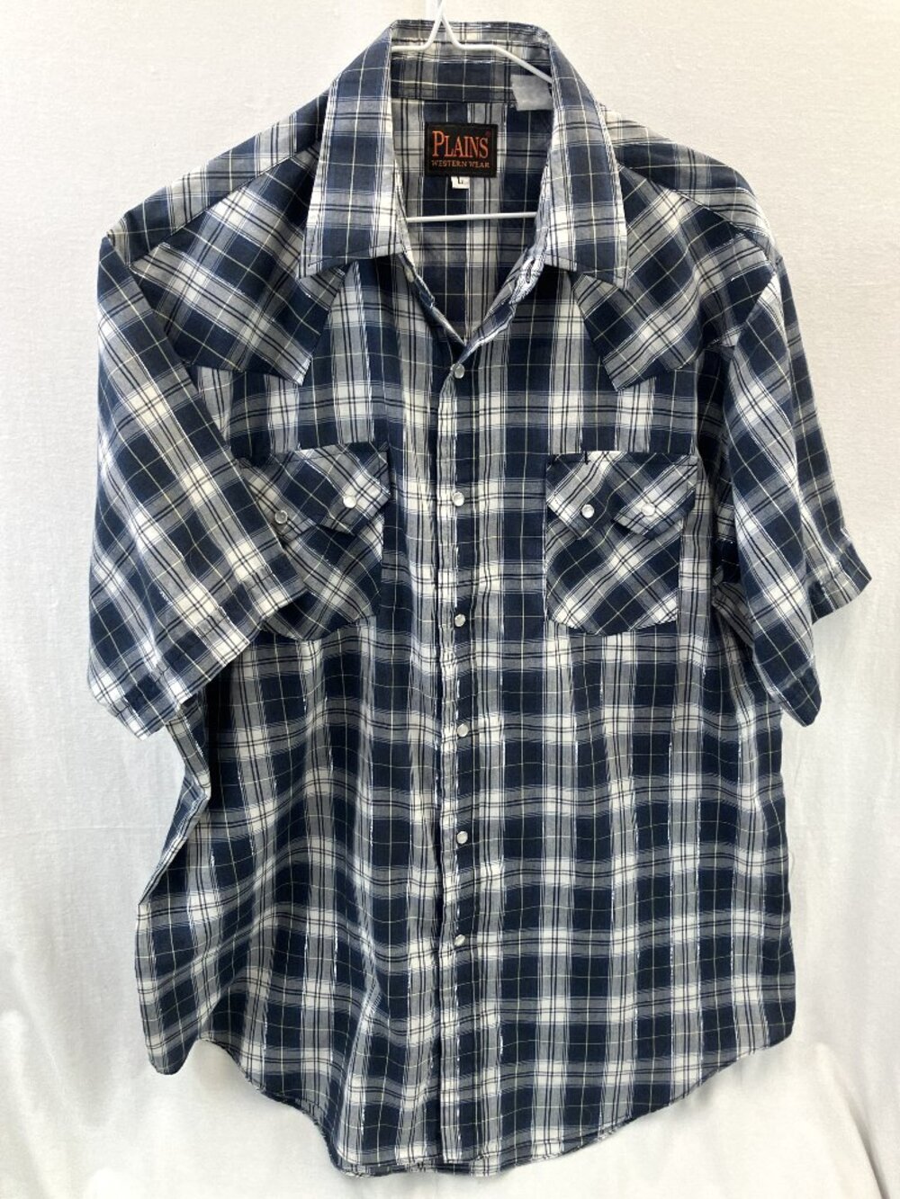 Plains Men’s Western Pearl Snap Shirt Cotton Silver Thread Blue Checks - L